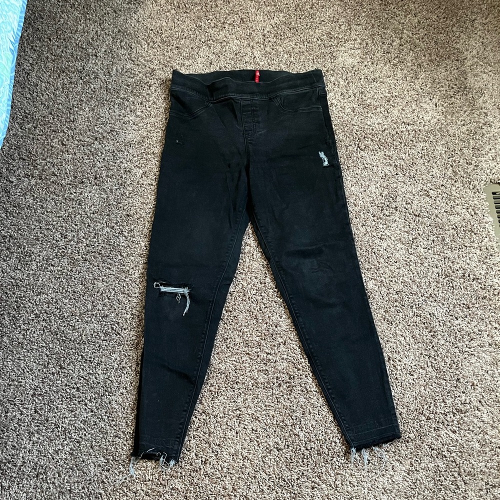 Spanx pull on black skinny jeans size large